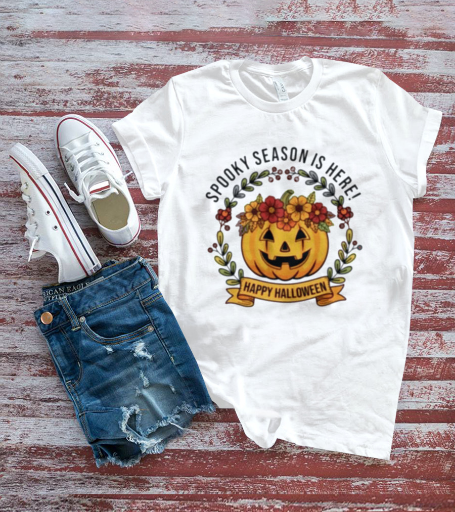 Spooky Season Is Here Happy Halloween Pumpkin With Flowers T-Shirt
