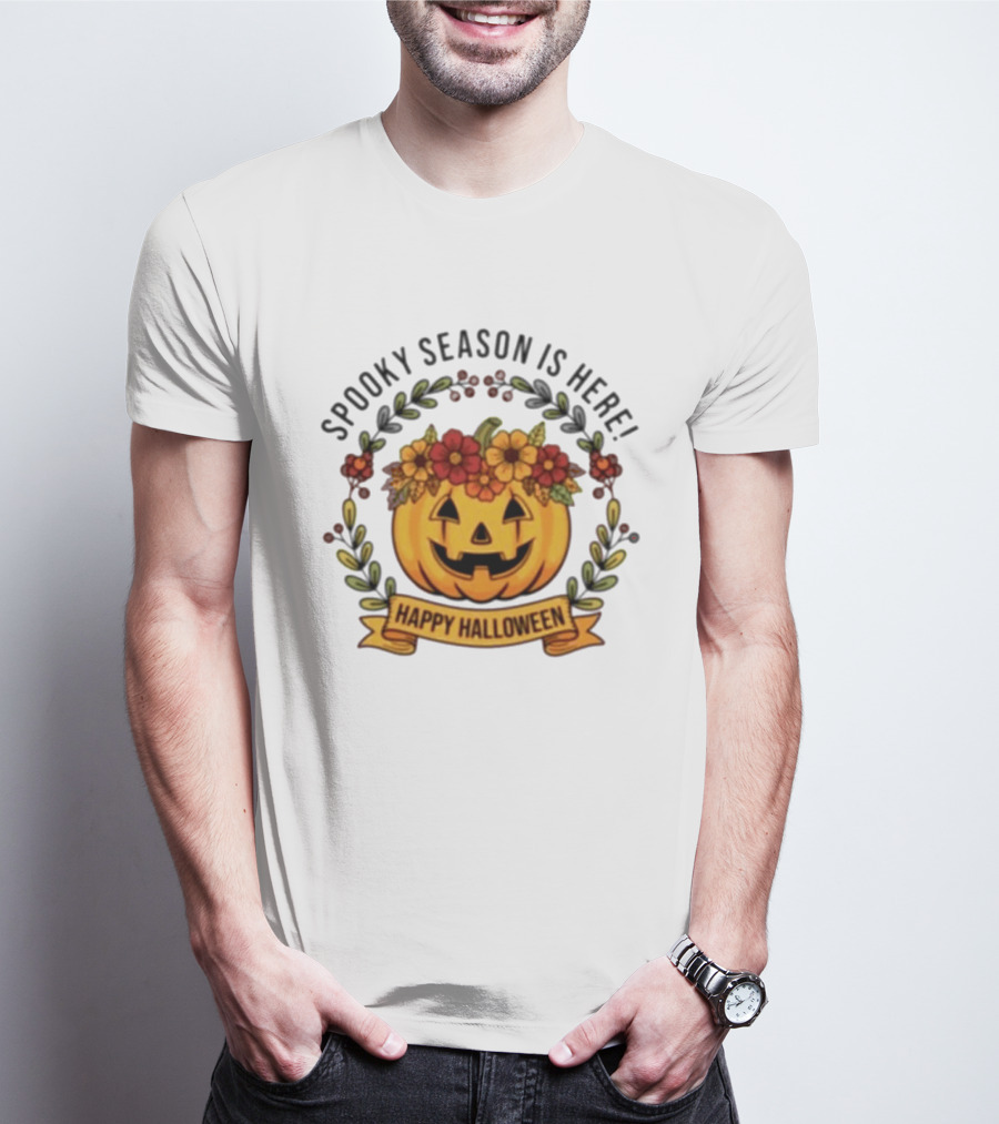 Spooky Season Is Here Happy Halloween Pumpkin With Flowers T-Shirt