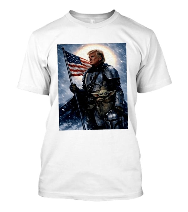 Donald Trump As The Mandalorian Holding American Flag With Grogu Star Wars T-Shirt