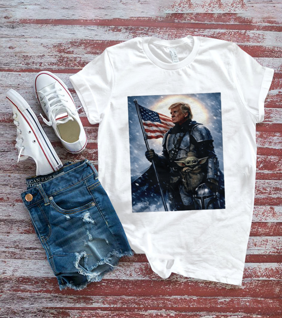 Donald Trump As The Mandalorian Holding American Flag With Grogu Star Wars T-Shirt