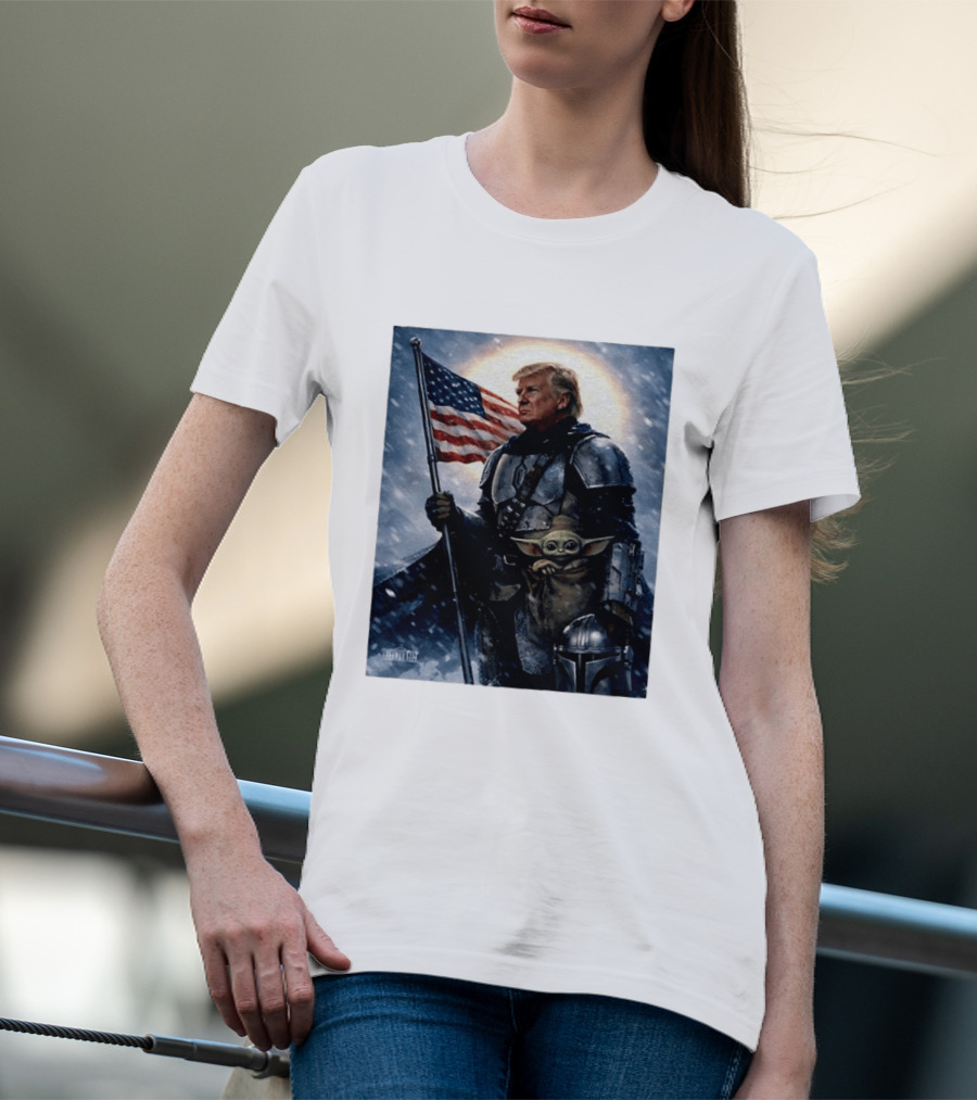 Donald Trump As The Mandalorian Holding American Flag With Grogu Star Wars T-Shirt