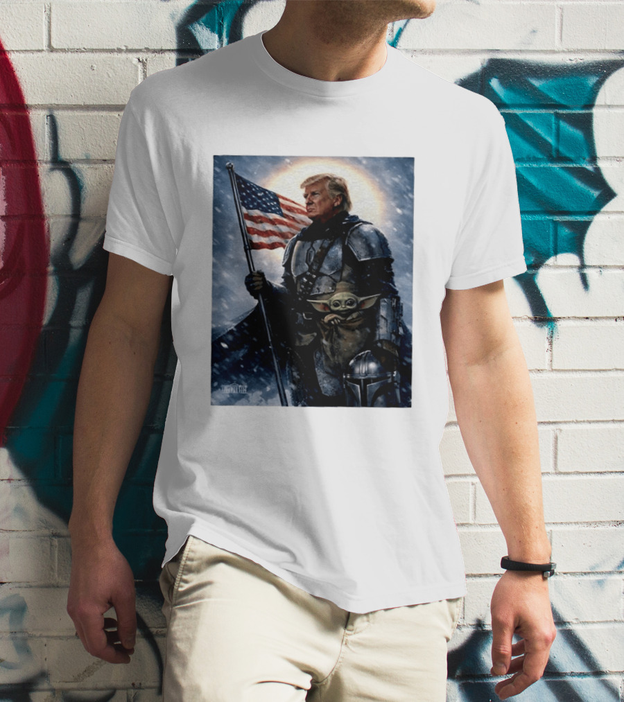 Donald Trump As The Mandalorian Holding American Flag With Grogu Star Wars T-Shirt