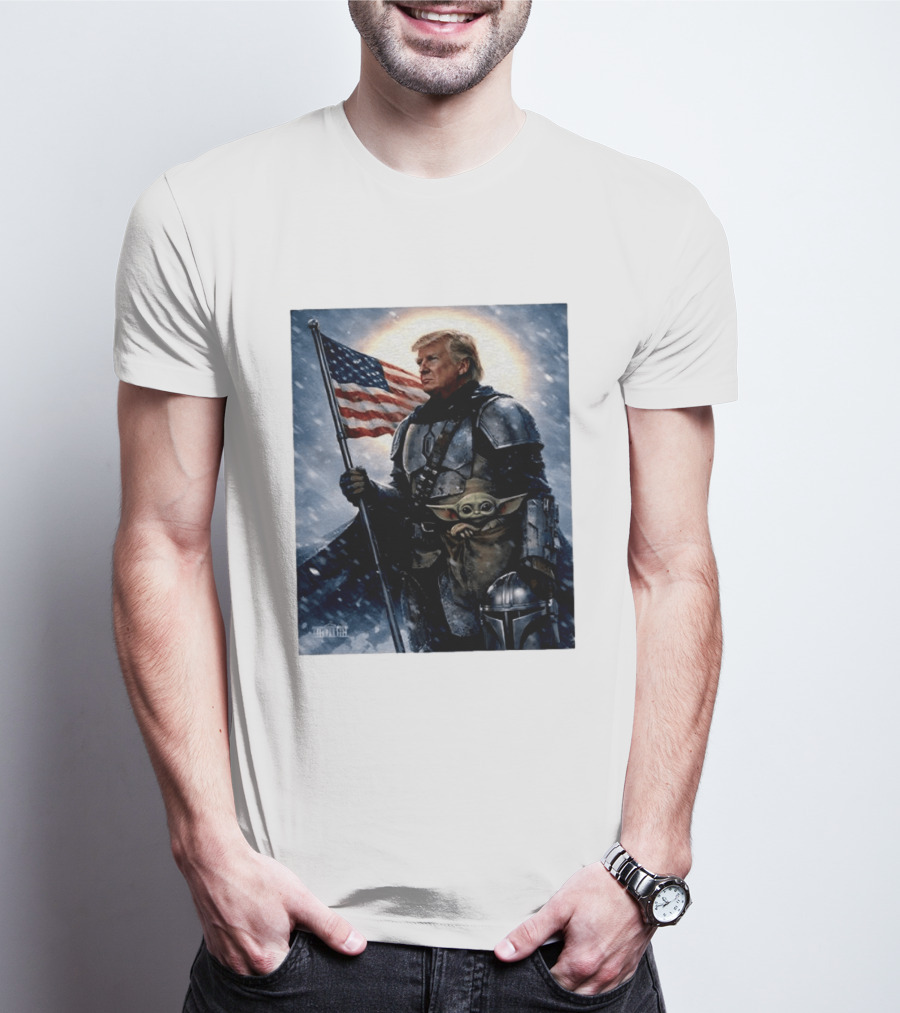 Donald Trump As The Mandalorian Holding American Flag With Grogu Star Wars T-Shirt