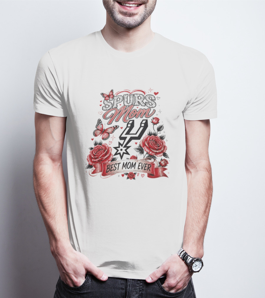 San Antonio Spurs Mom Best Mom Ever Mother's Day Flowers And Butterfly T-Shirt