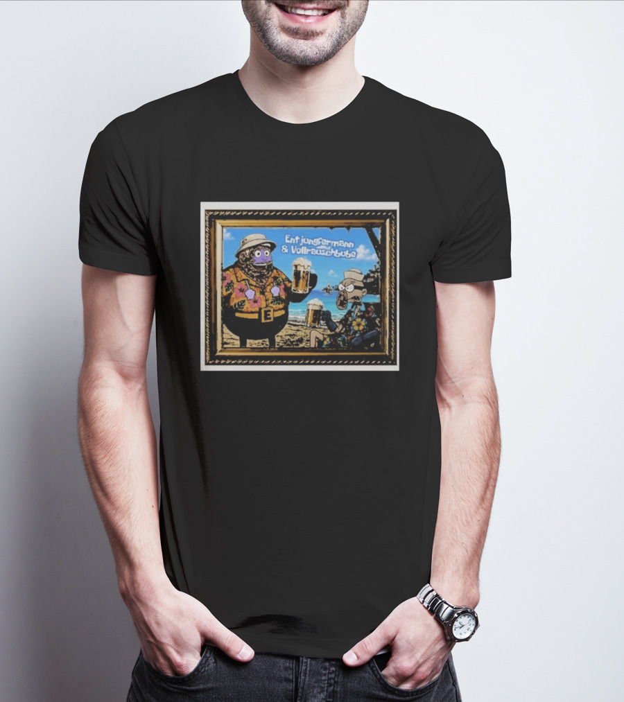 Entjungfermann And Vollrauschbube Tropical Beach Cartoon Characters Cheers With Beer T-Shirt