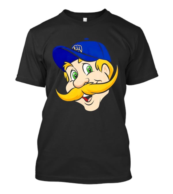 Milwaukee Brewers Big Face Mascot With Blue Cap And Mustache T-Shirt
