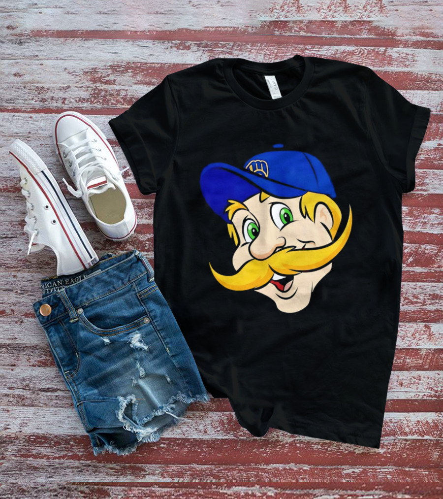 Milwaukee Brewers Big Face Mascot With Blue Cap And Mustache T-Shirt