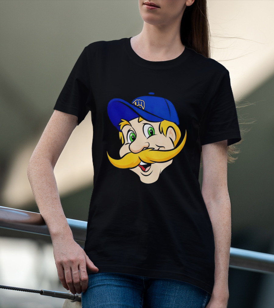 Milwaukee Brewers Big Face Mascot With Blue Cap And Mustache T-Shirt