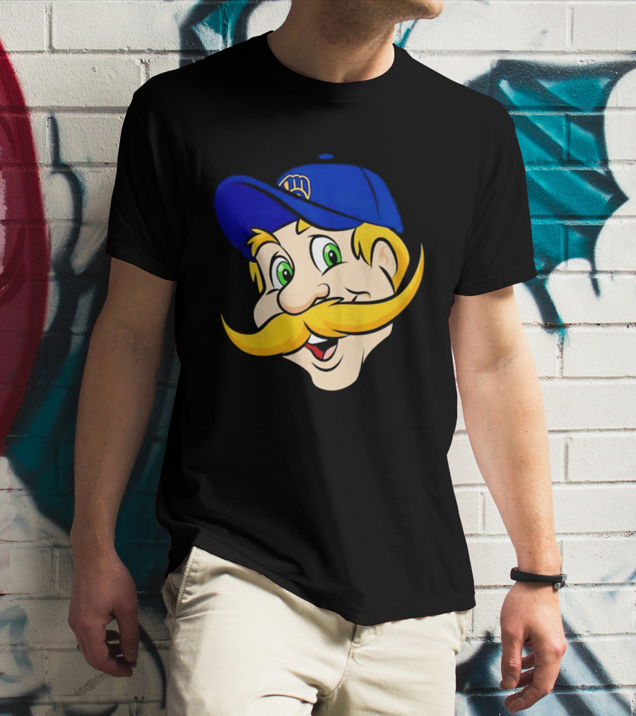 Milwaukee Brewers Big Face Mascot With Blue Cap And Mustache T-Shirt