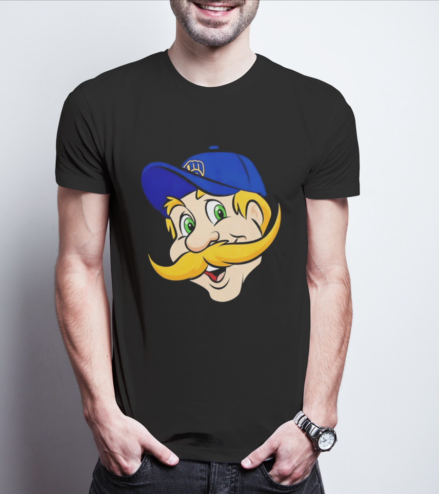 Milwaukee Brewers Big Face Mascot With Blue Cap And Mustache T-Shirt