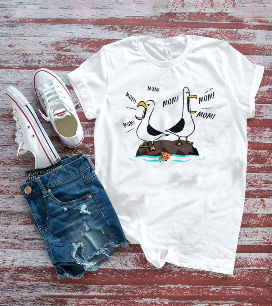 Seagull Mom Finding Nemo Disney Characters On Rock With Fish T-Shirt