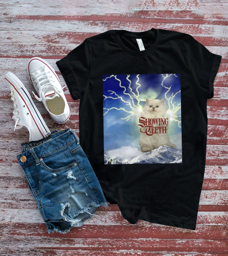 Showing Teeth Cat With Lightning Background In Blue Sky T-Shirt
