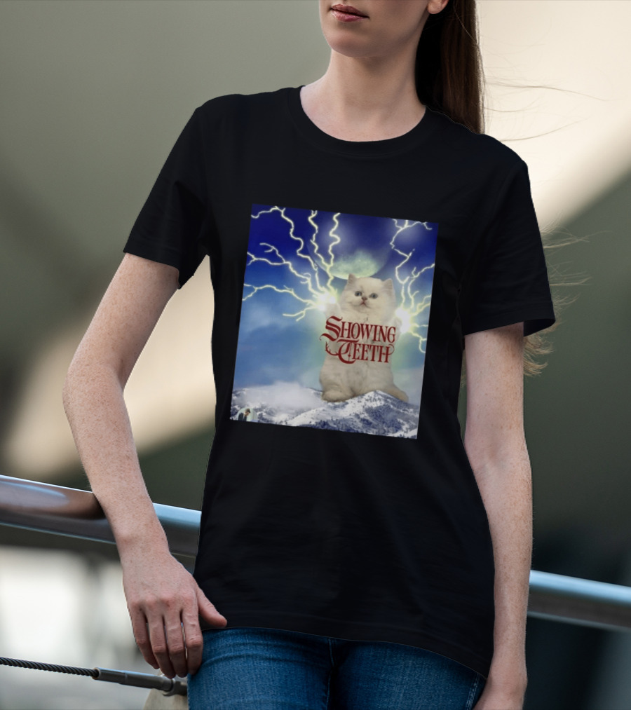 Showing Teeth Cat With Lightning Background In Blue Sky T-Shirt