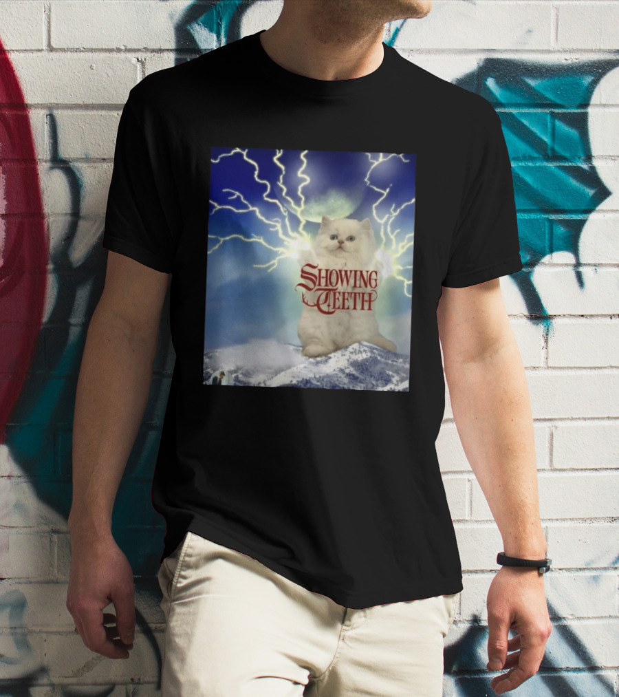 Showing Teeth Cat With Lightning Background In Blue Sky T-Shirt