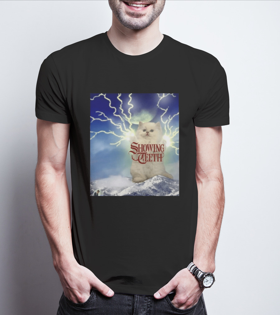 Showing Teeth Cat With Lightning Background In Blue Sky T-Shirt