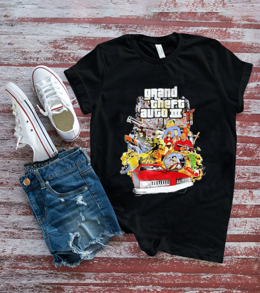 Grand Theft Auto III Characters Action Collage With Iconic Red Car T-Shirt