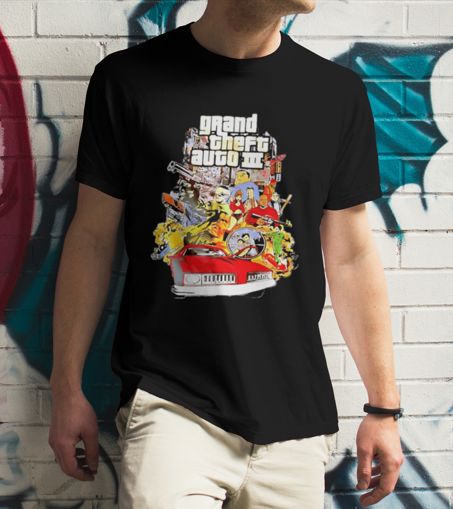 Grand Theft Auto III Characters Action Collage With Iconic Red Car T-Shirt