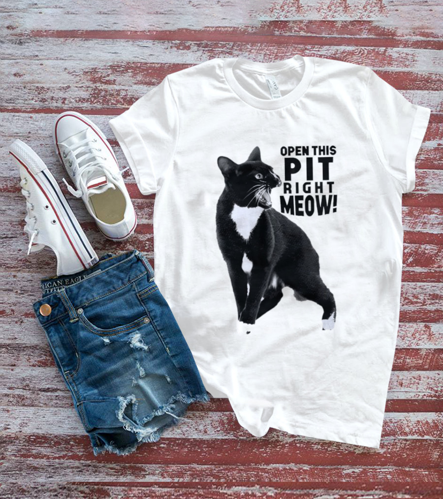 Open This Pit Right Meow Black And White Cat T-Shirt