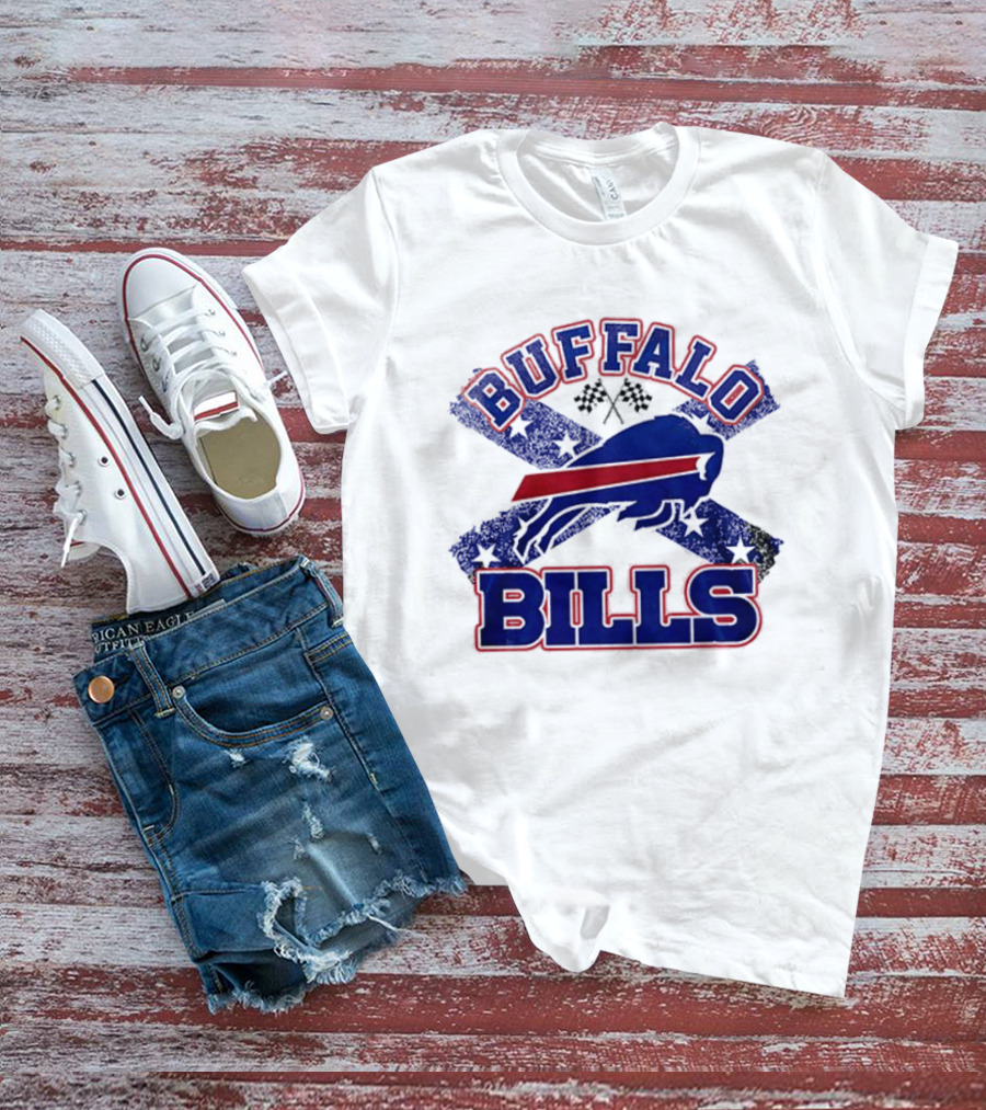 Buffalo Bills Caricature With Flag And Crossed Checkered Flags T-Shirt