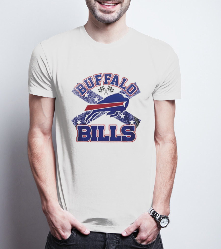 Buffalo Bills Caricature With Flag And Crossed Checkered Flags T-Shirt