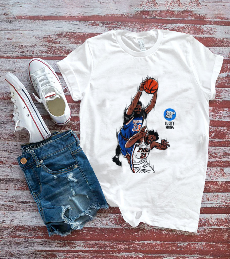 Knicks Vs 76ers Game 4 Iconic Moment Joel Embiid Mitchell Robinson NBA Matchup T-Shirt