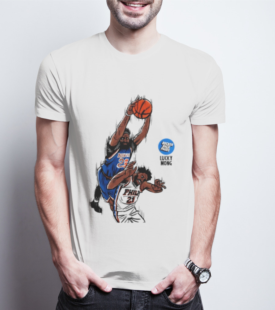 Knicks Vs 76ers Game 4 Iconic Moment Joel Embiid Mitchell Robinson NBA Matchup T-Shirt