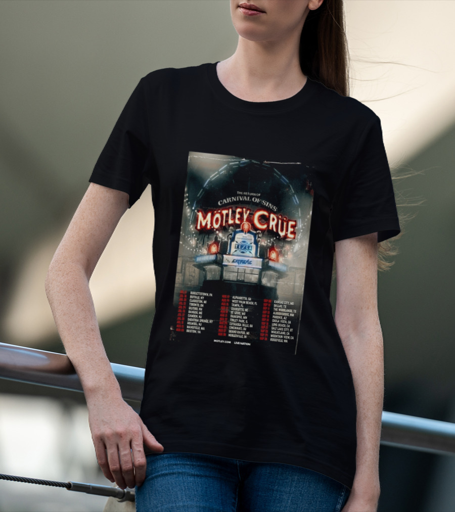 Motley Crue Carnival Of Sins Tour 2026 Featuring Tesla Dates And Locations T-Shirt