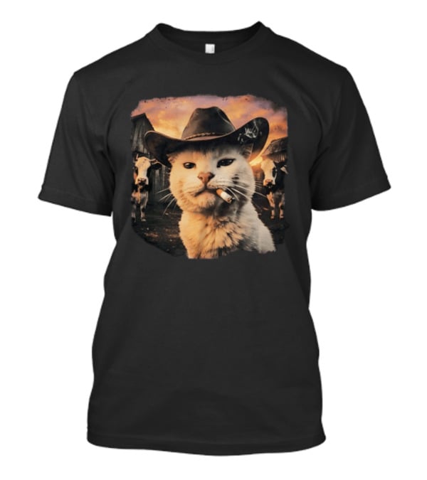 Cowboy Cat Smoking Cigarette In Rustic Barnyard Scene With Cows T-Shirt