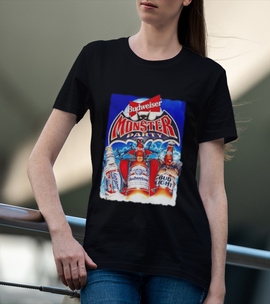 Budweiser Monster Party Bud Dry Bud Light Bottles Halloween Celebration T-Shirt