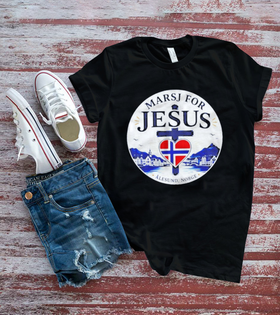 Marsj For Jesus Ålesund Norge Heart And Cross With Norwegian Flag T-Shirt