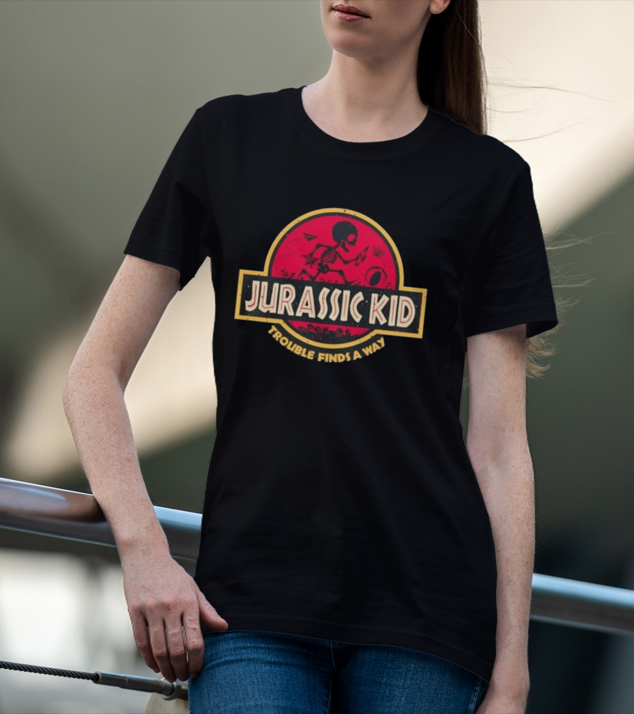 Jurassic Kid Skeleton Trouble Finds A Way T-Shirt