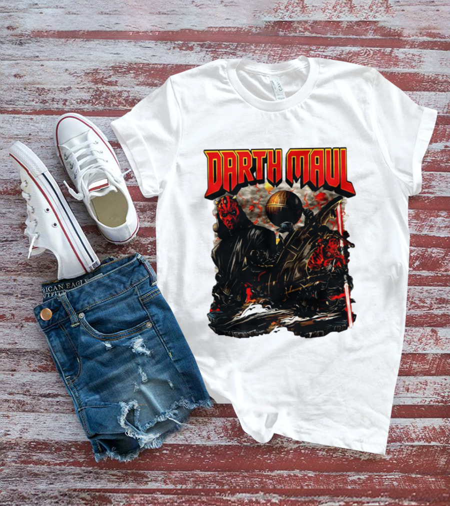 Darth Maul Star Wars Sith Warrior Battle Scene With Lightsaber And The Death Star T-Shirt