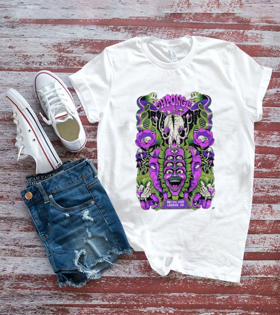 Shpongle May 9th 2026 London UK Psychedelic Imagery Skeletons And Flowers T-Shirt