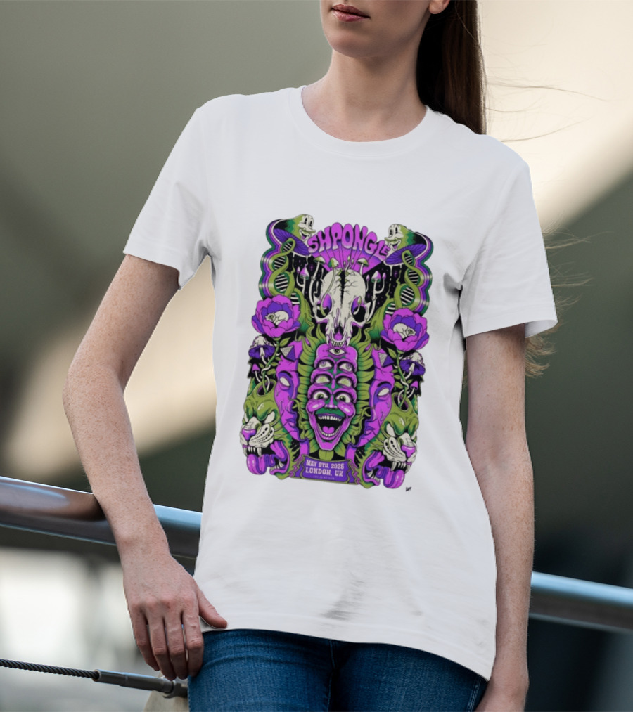 Shpongle May 9th 2026 London UK Psychedelic Imagery Skeletons And Flowers T-Shirt
