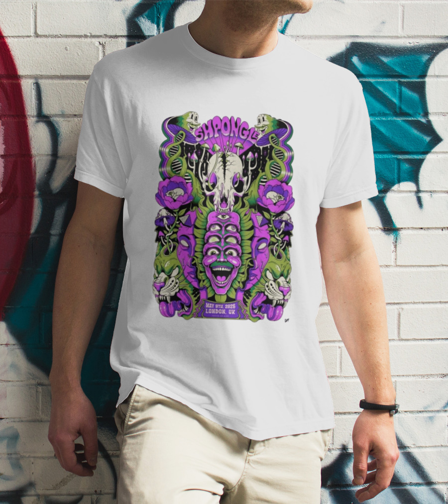 Shpongle May 9th 2026 London UK Psychedelic Imagery Skeletons And Flowers T-Shirt