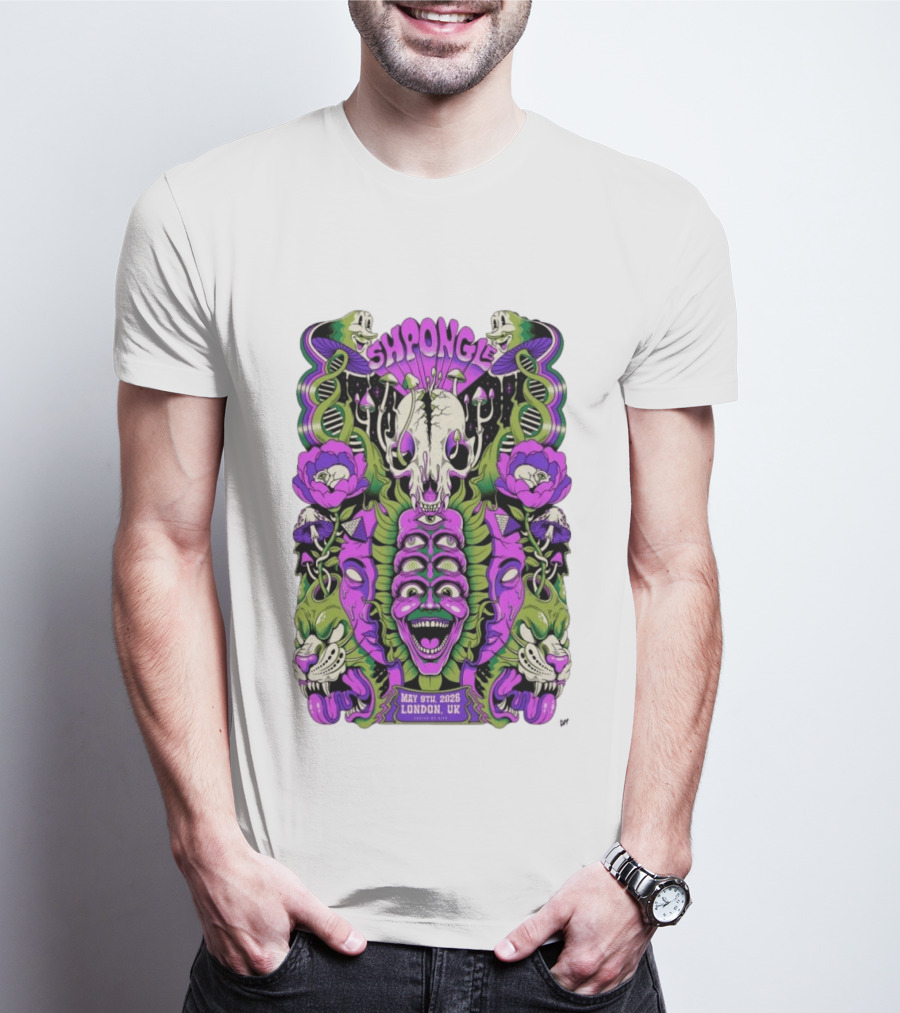Shpongle May 9th 2026 London UK Psychedelic Imagery Skeletons And Flowers T-Shirt