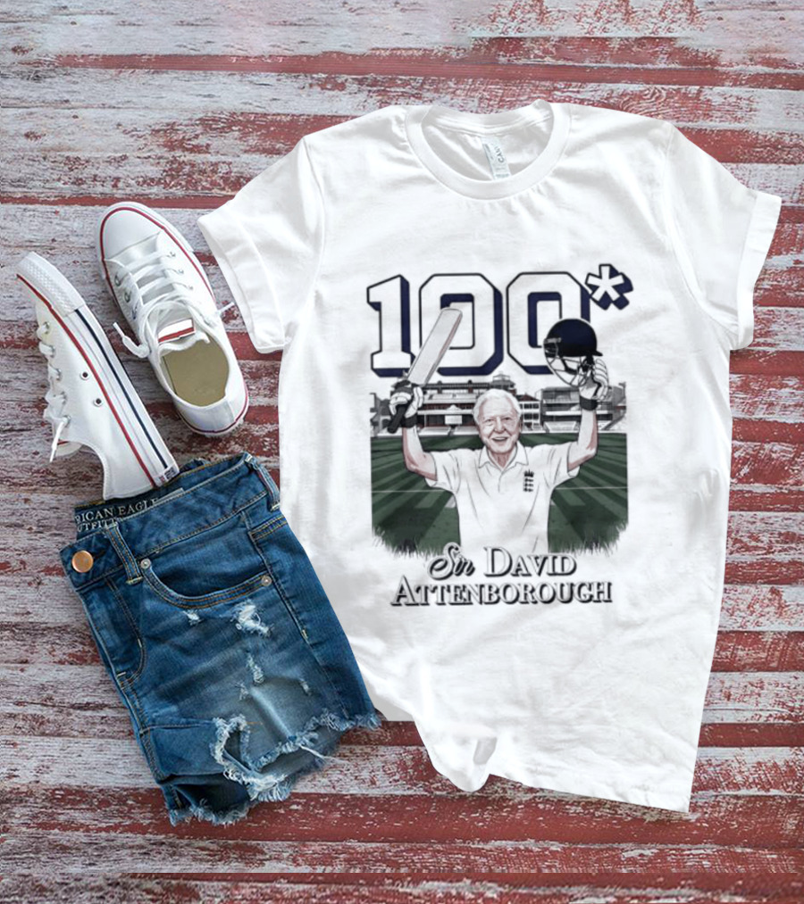 Sir David Attenborough 100 Celebration Cricket Bat And Helmet Raised T-Shirt