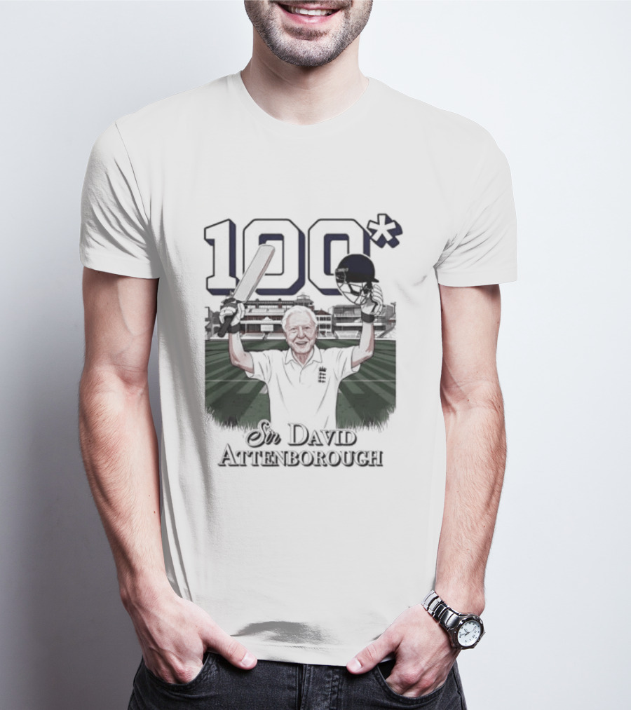 Sir David Attenborough 100 Celebration Cricket Bat And Helmet Raised T-Shirt