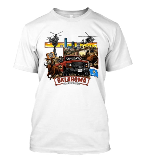 Oklahoma The Sooner State Route 66 Buffalo Cityscape Helicopters T-Shirt