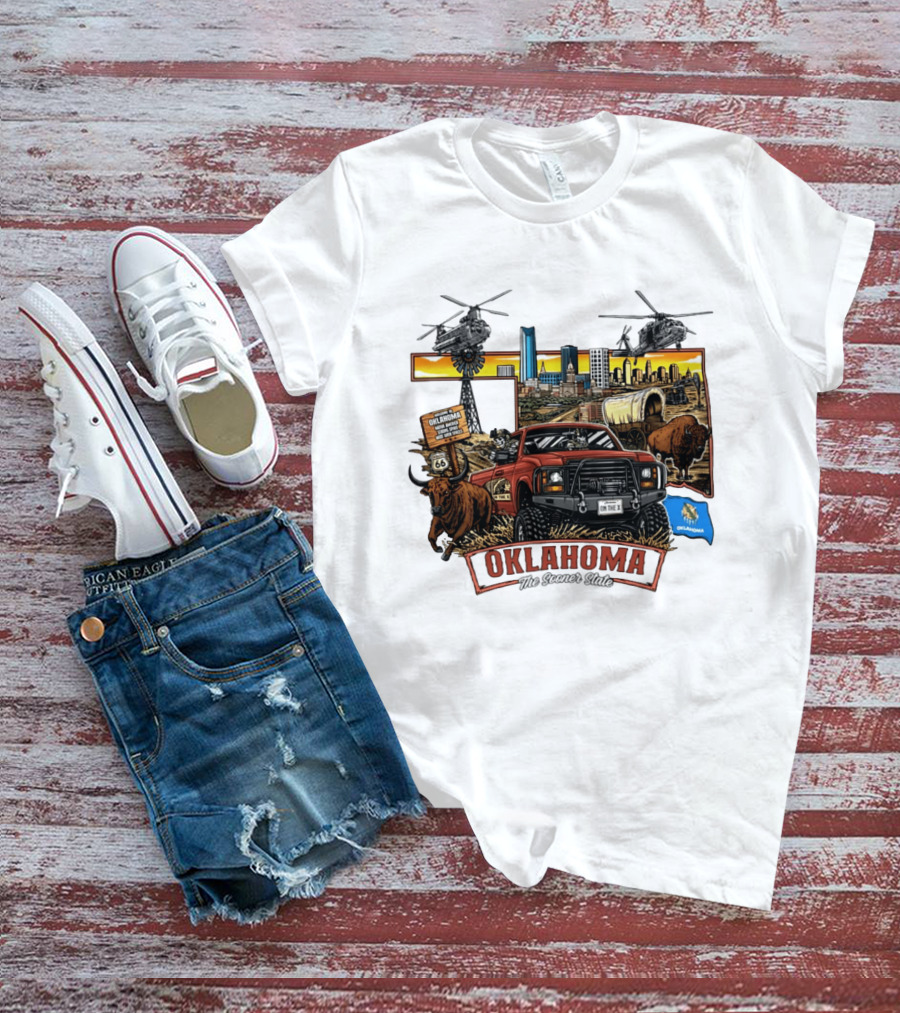 Oklahoma The Sooner State Route 66 Buffalo Cityscape Helicopters T-Shirt