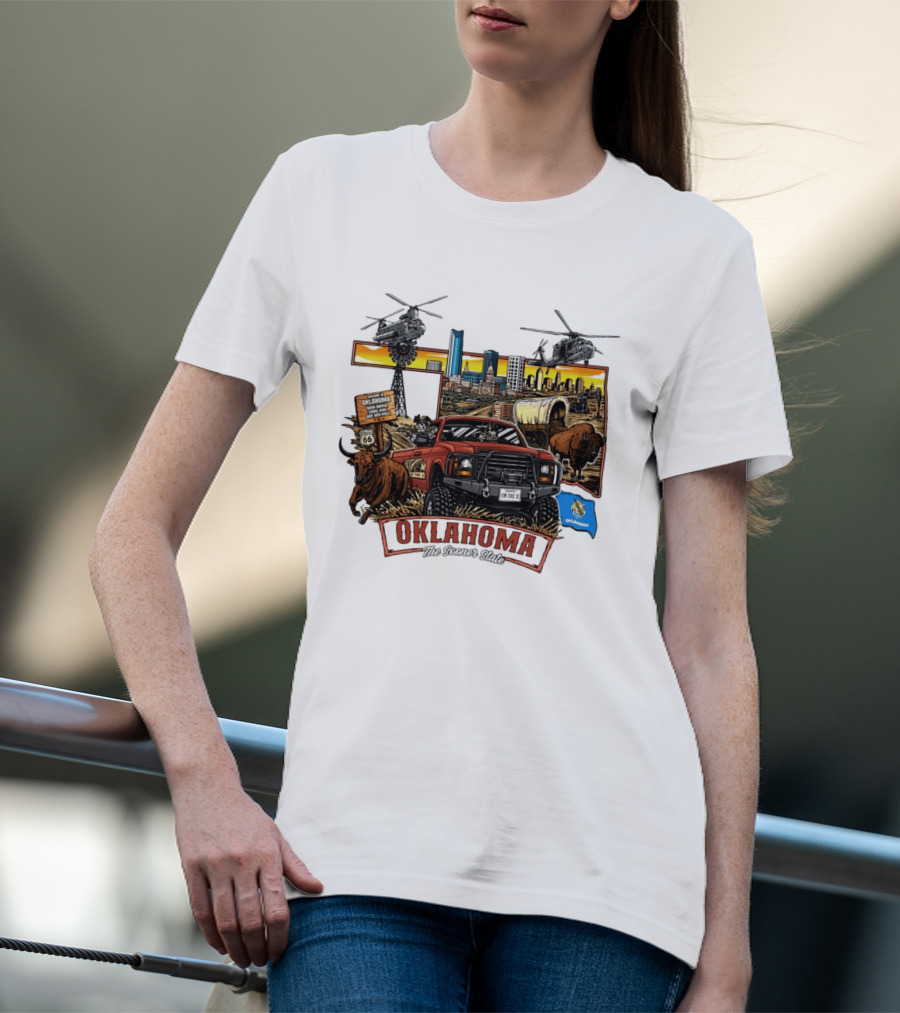 Oklahoma The Sooner State Route 66 Buffalo Cityscape Helicopters T-Shirt
