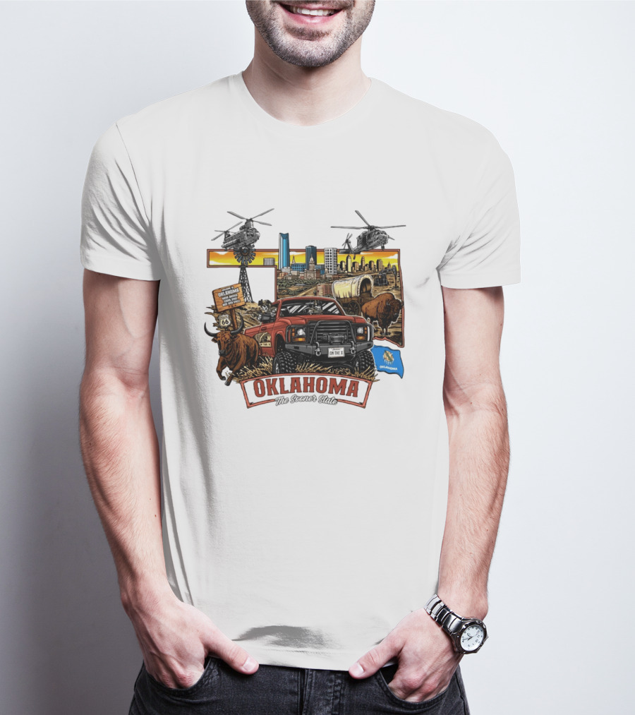 Oklahoma The Sooner State Route 66 Buffalo Cityscape Helicopters T-Shirt