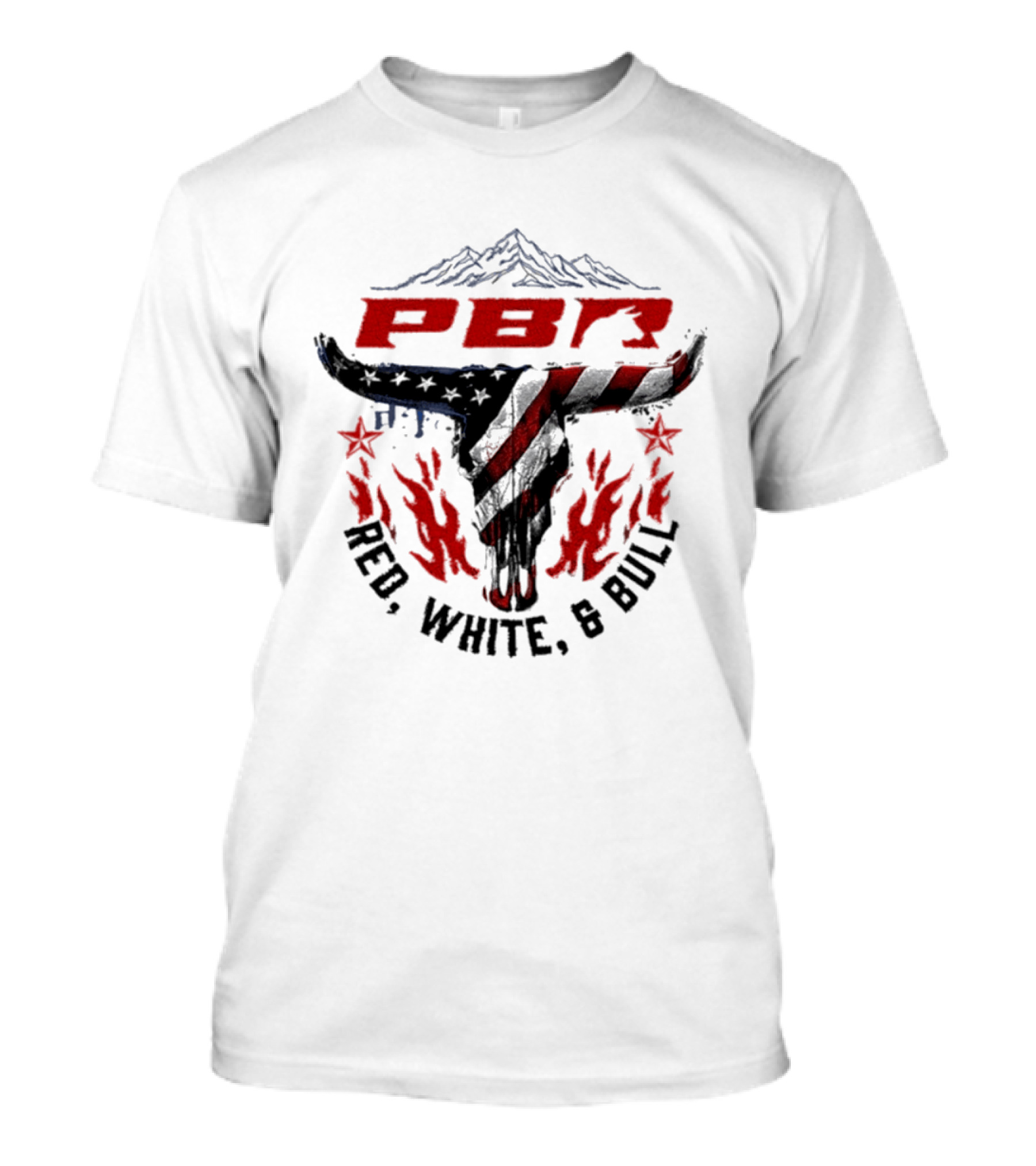 PBR Red White And Bull Mountain Skull Stars And Flames T-Shirt