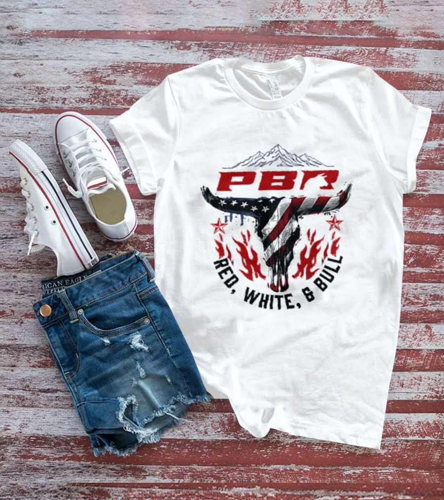 PBR Red White And Bull Mountain Skull Stars And Flames T-Shirt