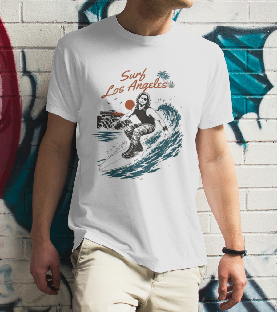 Surf Los Angeles 2026 Vintage Surfer With Sunset And Palm Tree Ocean Wave T-Shirt