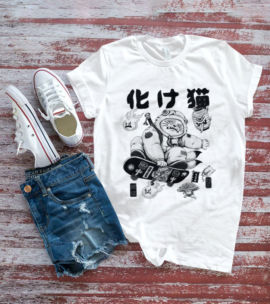 Bakeneko Gang Skateboarding Cat Demon Kanji T-Shirt
