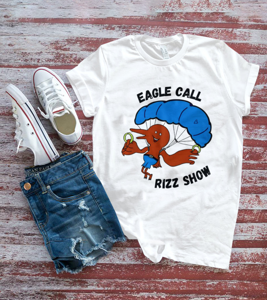 Eagle Call Rizz Show Parachuting Bird Character With Blue Canopy T-Shirt