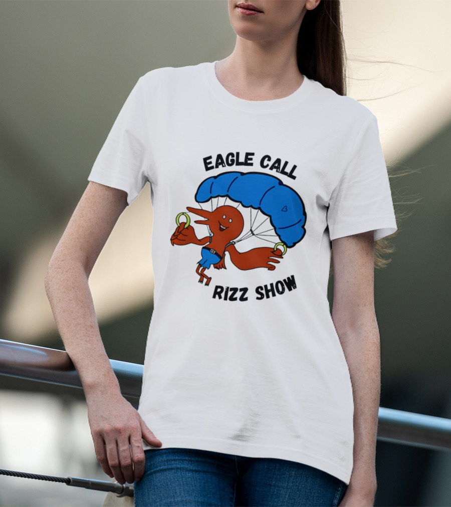 Eagle Call Rizz Show Parachuting Bird Character With Blue Canopy T-Shirt