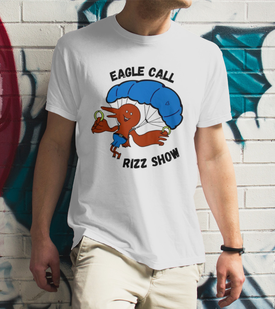 Eagle Call Rizz Show Parachuting Bird Character With Blue Canopy T-Shirt
