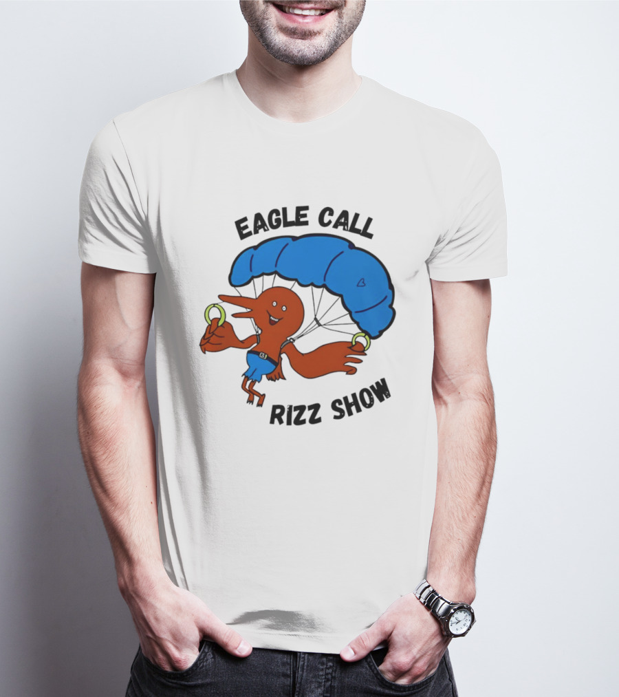 Eagle Call Rizz Show Parachuting Bird Character With Blue Canopy T-Shirt
